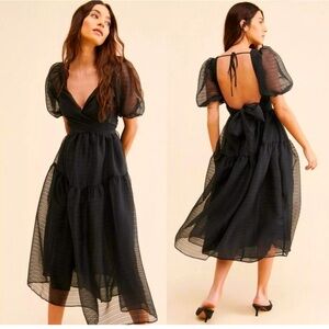 Free People Hailey Dress in Black .Midi with wrap tie with sheer puffed sleeves